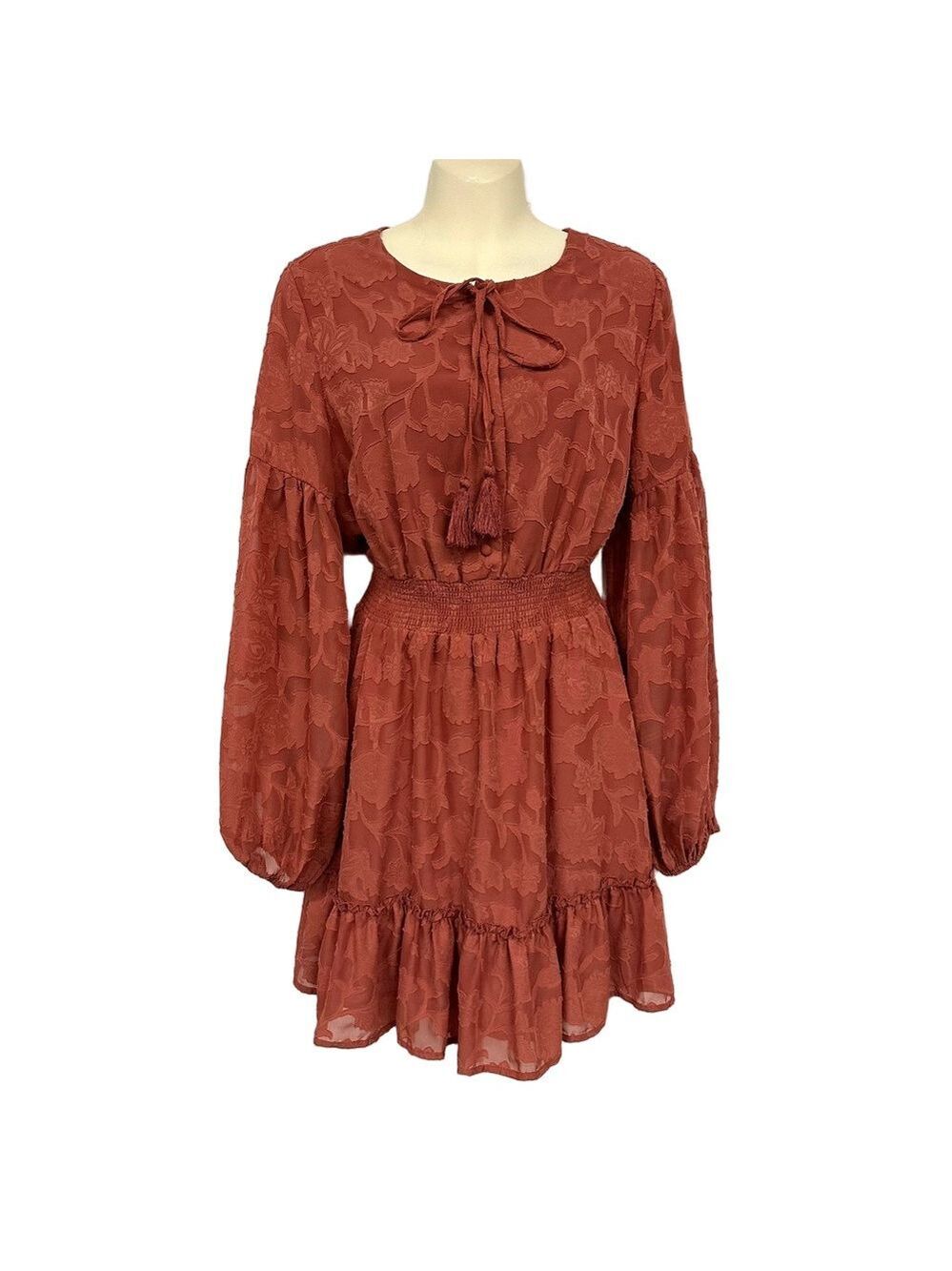 Lulus jacquard long sleeve dress Large Mini Ruffles tassel round neck Romantic